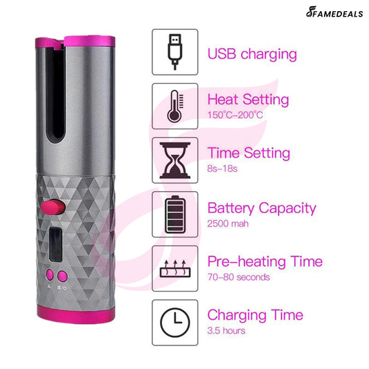 SurtiWala.pk™ - Wireless Auto Rotate Ceramic Hair Curler USB Rechargeable Portable Auto Curler